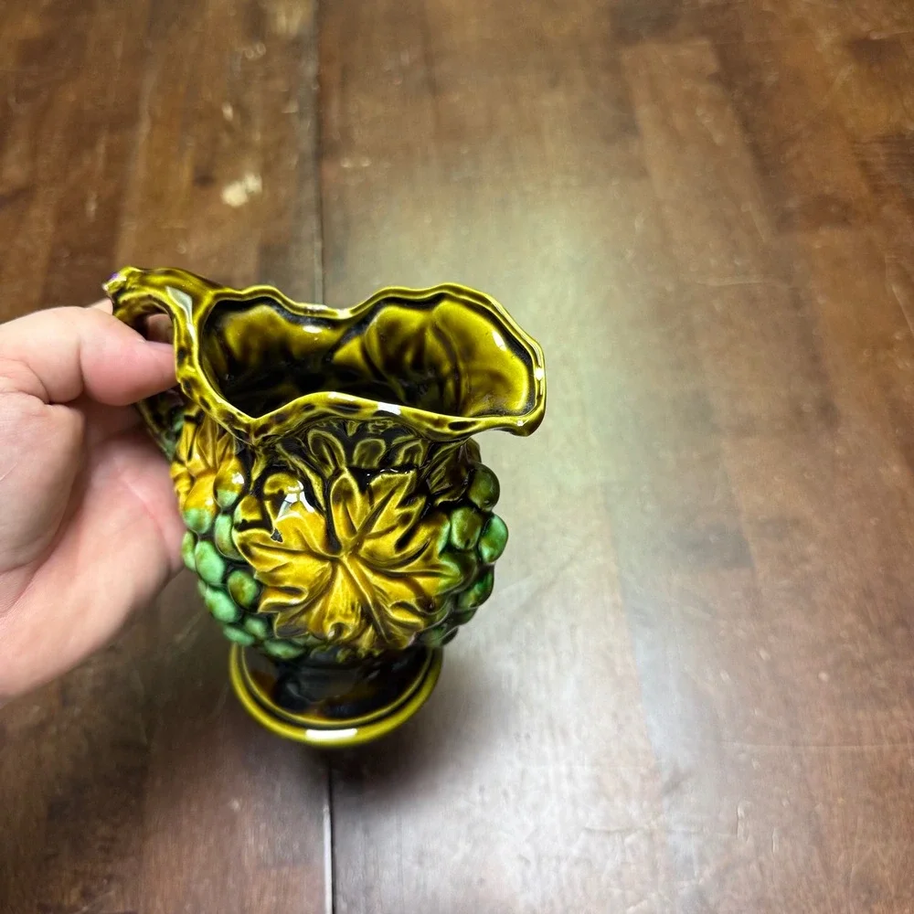 Vintage Japan Ceramic Grape Pitcher Small Green Gold Majolica Style 5.5in